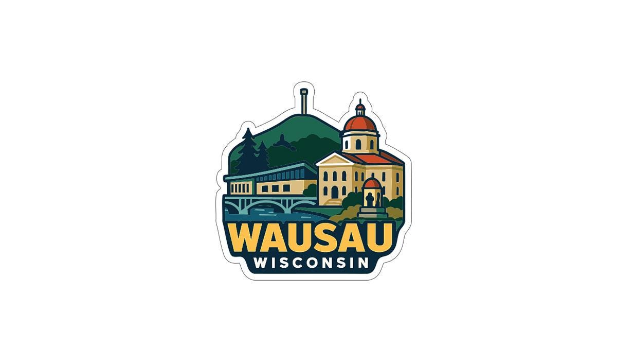 A sticker or logo depicting a cityscape with a prominent building, likely representing Wausau, Wisconsin.