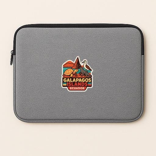 a gray laptop sleeve with a colorful sticker on it, depicting a scenic landscape with mountains, a bird, and the text "GALAPAGOS ISLANDS ECUADOR".