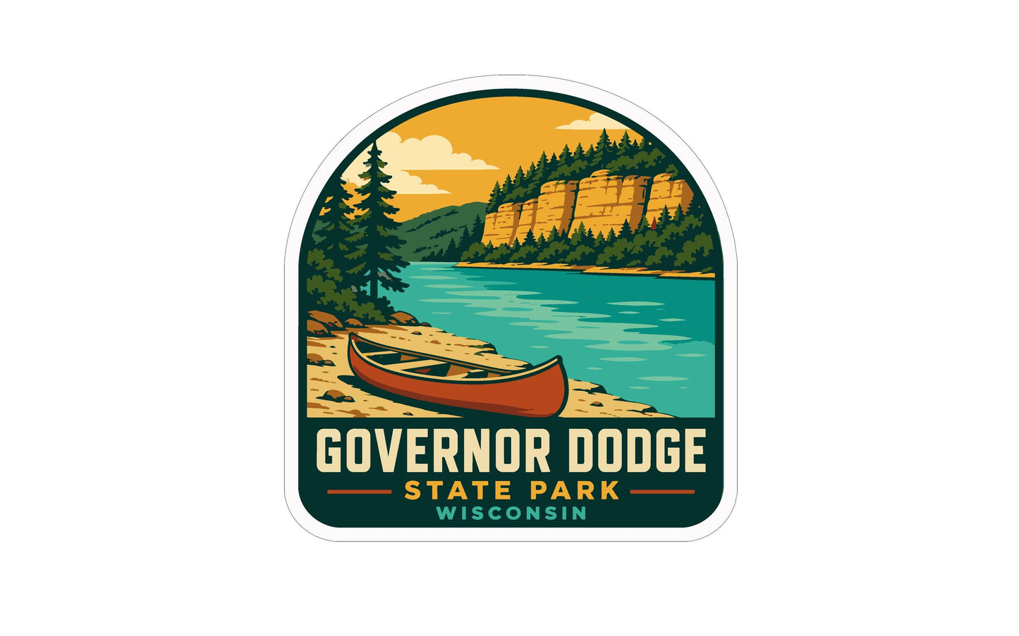 A sticker or emblem featuring a canoe on a lake, with a scenic landscape of mountains, trees, and a river in the background.