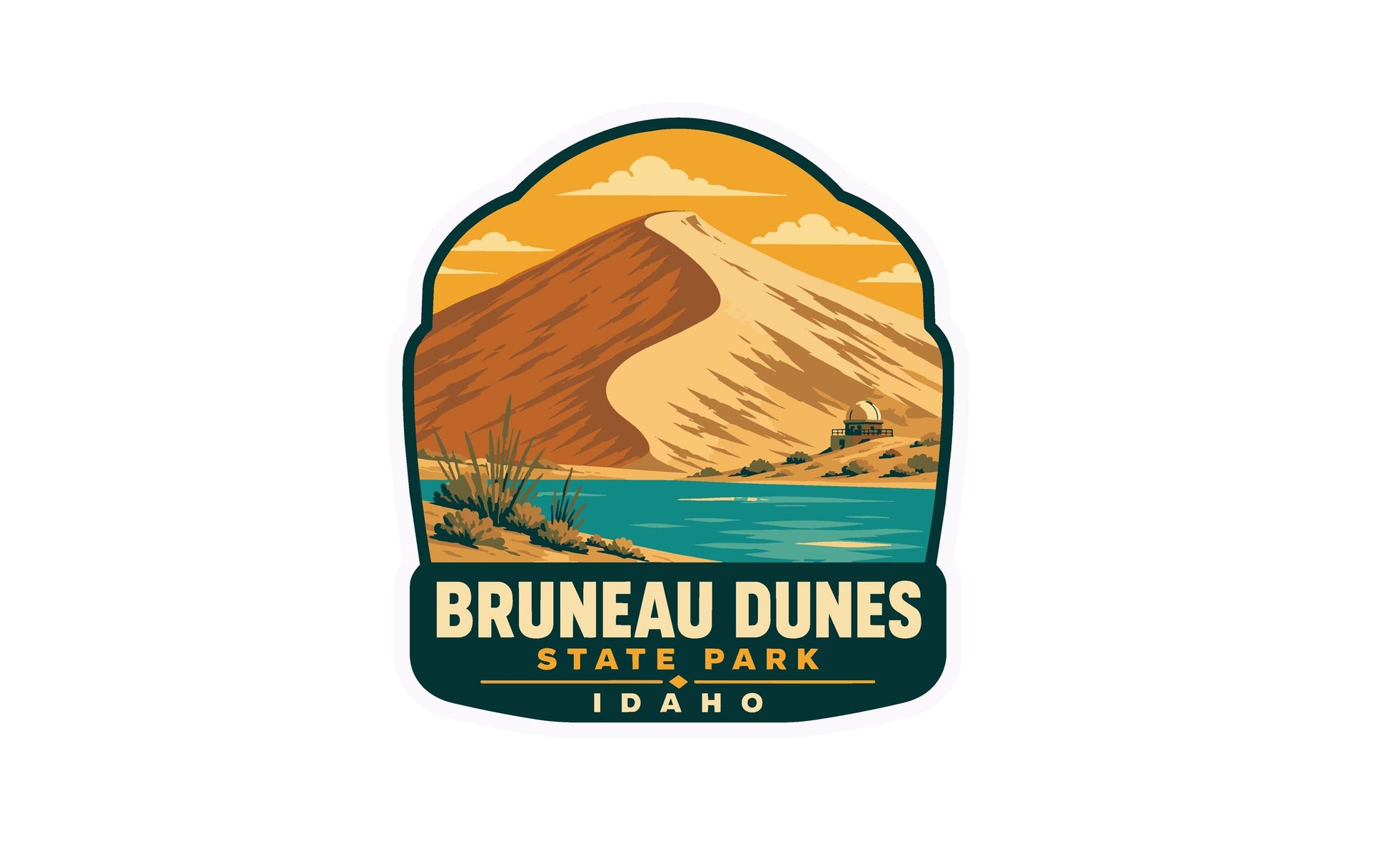 a sticker or emblem with a mountain landscape and a body of water, likely representing Brunette Dunes State Park in Idaho.