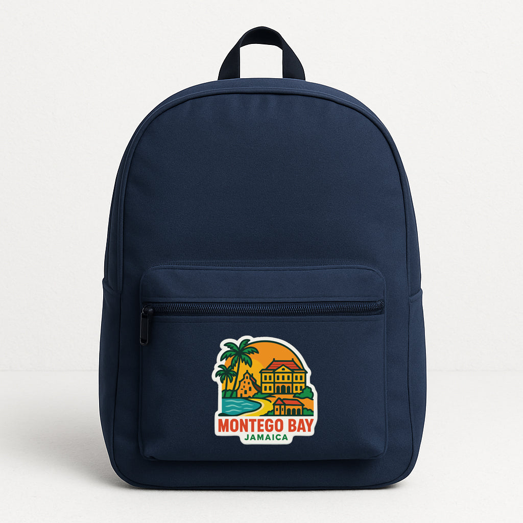 A navy blue backpack with a sticker on the front that says "MONTEGO BAY JAMAICA".