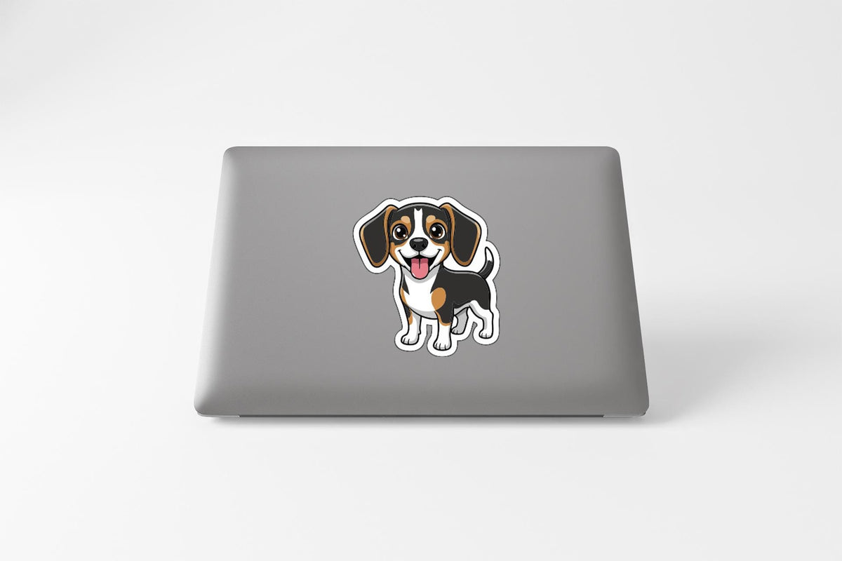 A sticker of a cartoon dog on the back of a laptop computer.