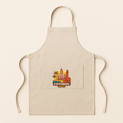 A beige apricot with a logo of Cotonou, a city in the French Republic, printed on it.