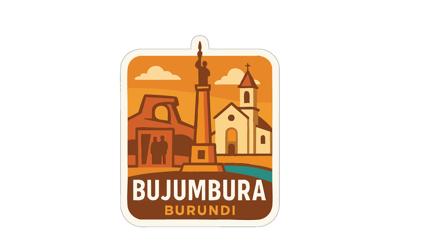 The image is a sticker or emblem featuring the city of Bujumbura, Burundi, with a stylized illustration of the cityscape and a prominent statue.