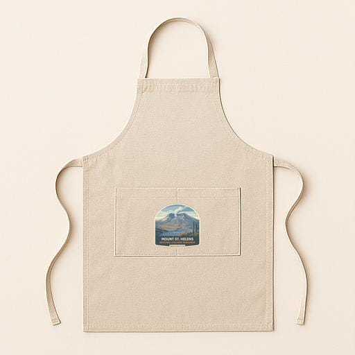 A beige apricot with a small graphic of a mountain and the text "MOUNTAIN ST. HELPS" printed on it.