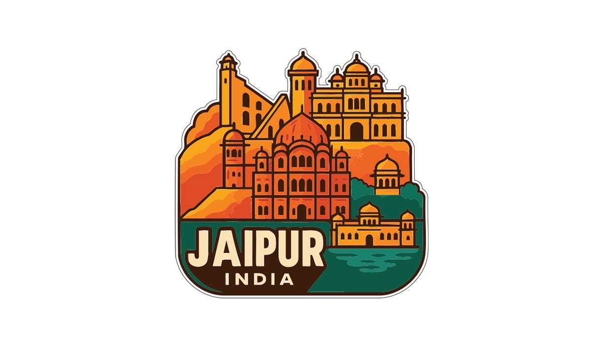 a stylized illustration of the city of Jaipur, India, showcasing its iconic architecture and landmarks.