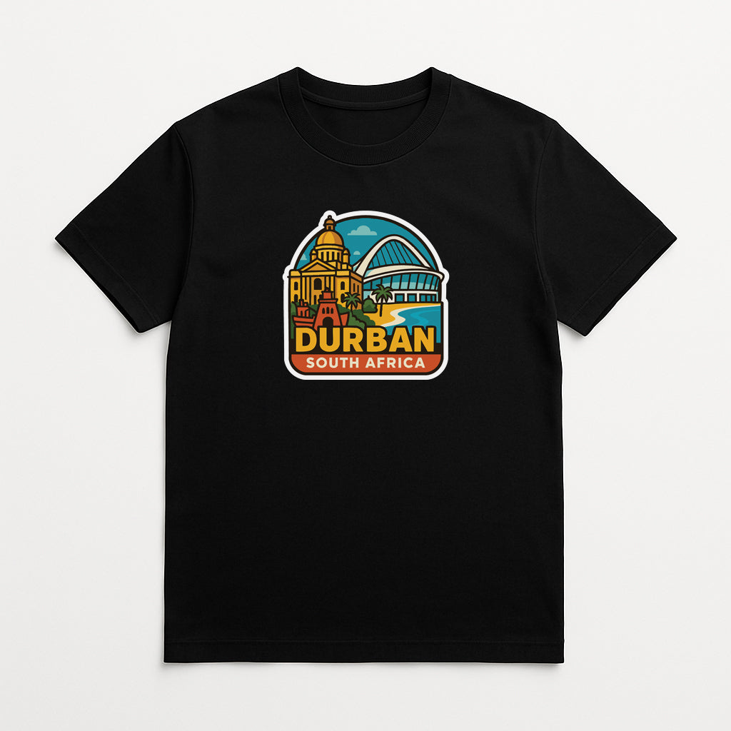 A black t-shirt with a graphic design depicting a city skyline and the text "DURBAN SOUTH AFRICA" printed on it.