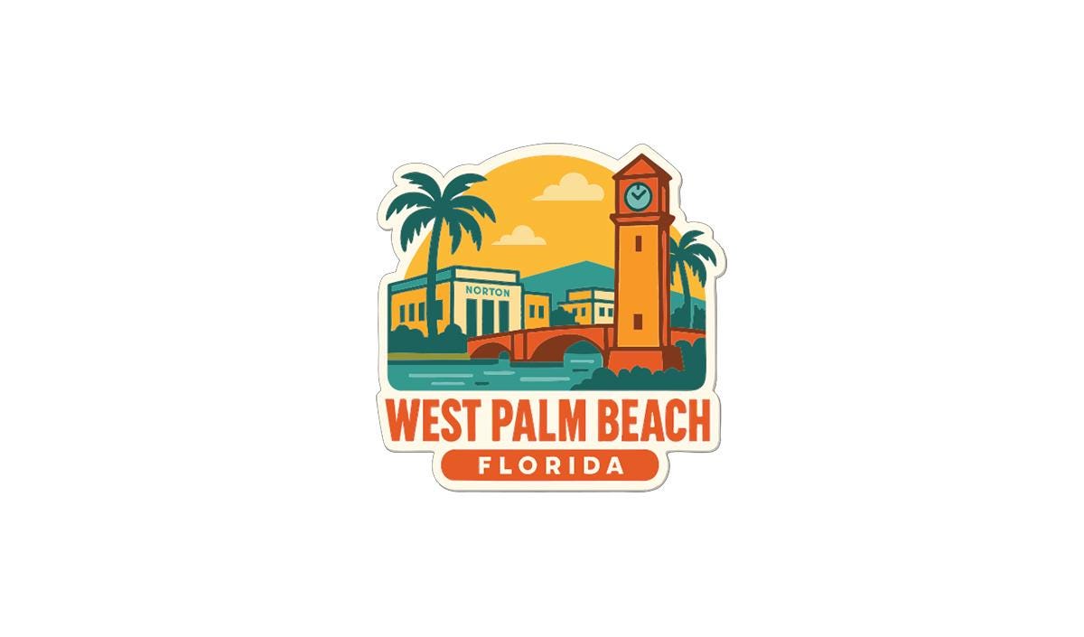 A sticker depicting a clock tower and palm trees, with the text "WEST PALM BEACH FLORIDA" below it.