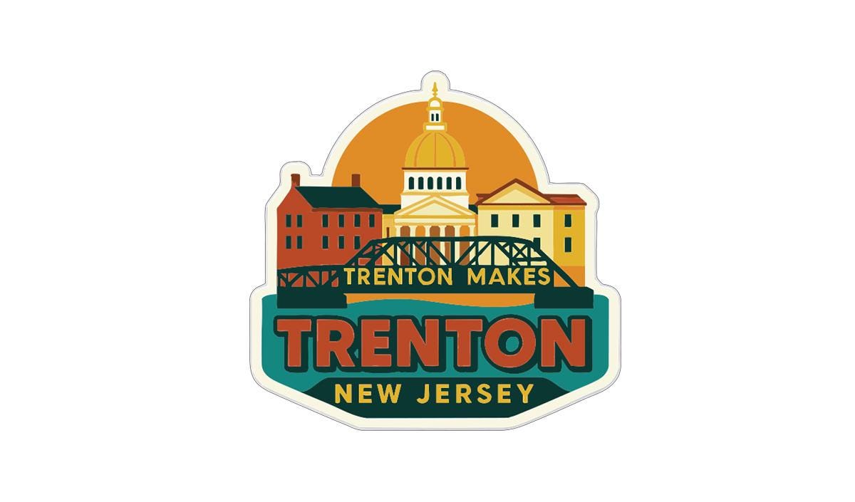 A sticker or emblem featuring the city of Trenton, New Jersey, with a prominent dome-shaped building and a bridge in the background.