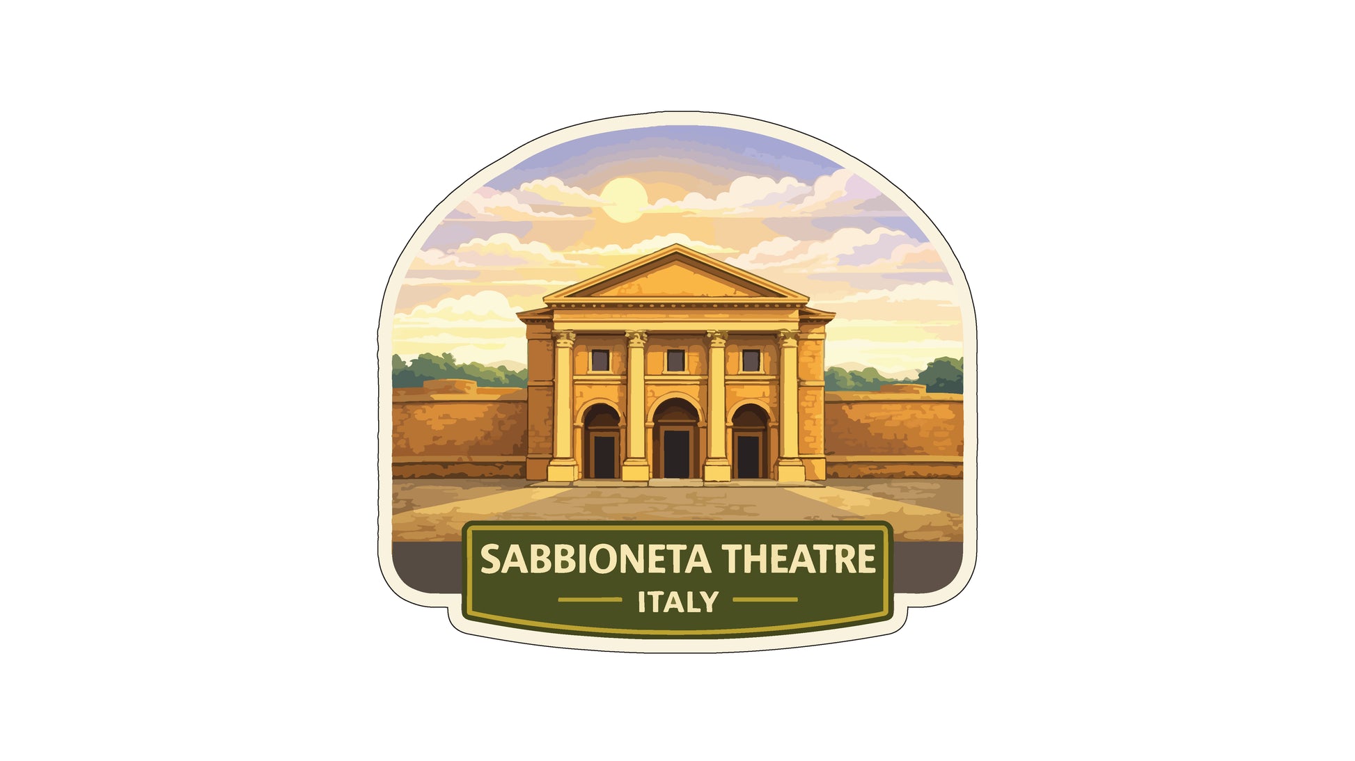 a large, ornate building with columns and a pediment, set against a backdrop of a cloudy sky and a sunset. The text "Sabbioneta Theatre Italy" is displayed prominently in the center of the image.