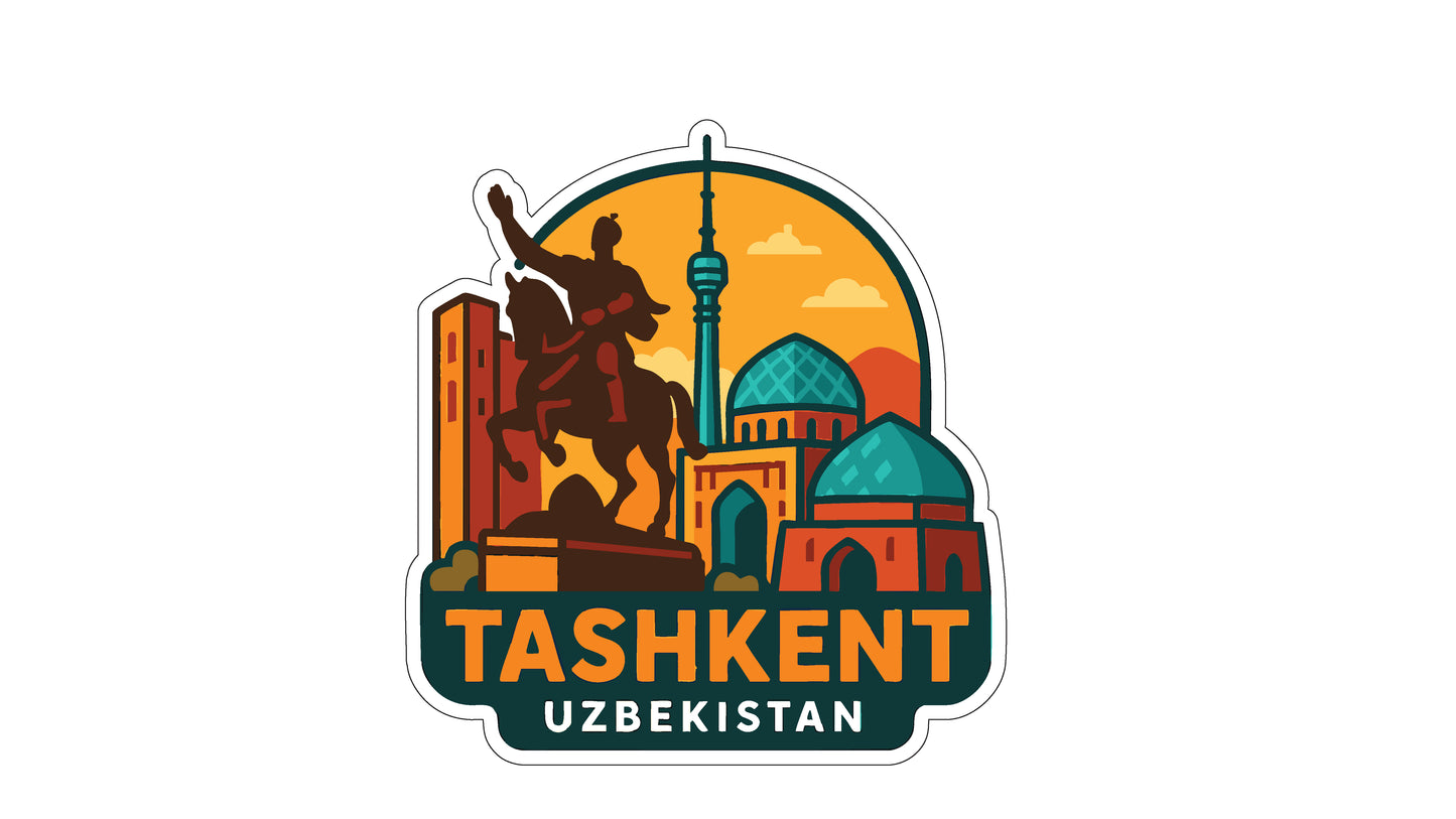 a stylized illustration of Tashkent, Uzbekistan, with a statue of a man on a horse, surrounded by various architectural elements such as domes and towers.