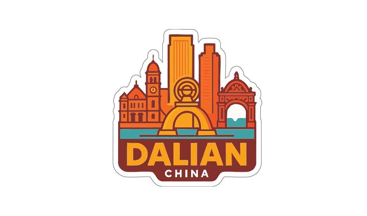 a stylized illustration of the city of Dalian, China, with various architectural elements and landmarks depicted in a vibrant color scheme.