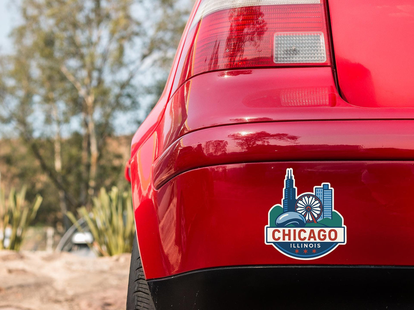 the chicago skyline sticker on the back of a red car
