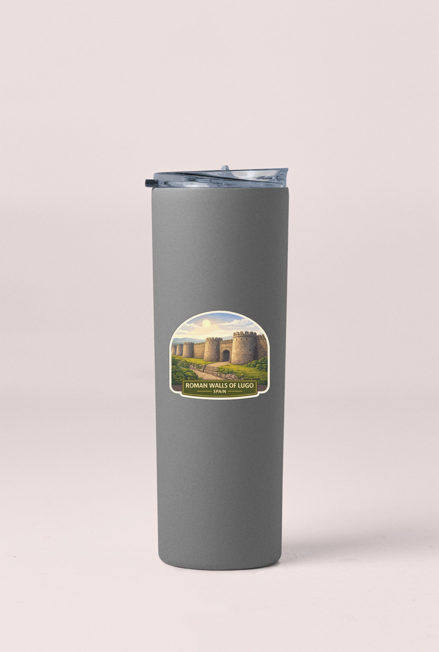 A gray cylindrical container with a lid and a label featuring a castle and the text "ROMAN WALLS OF LUGO" on it.