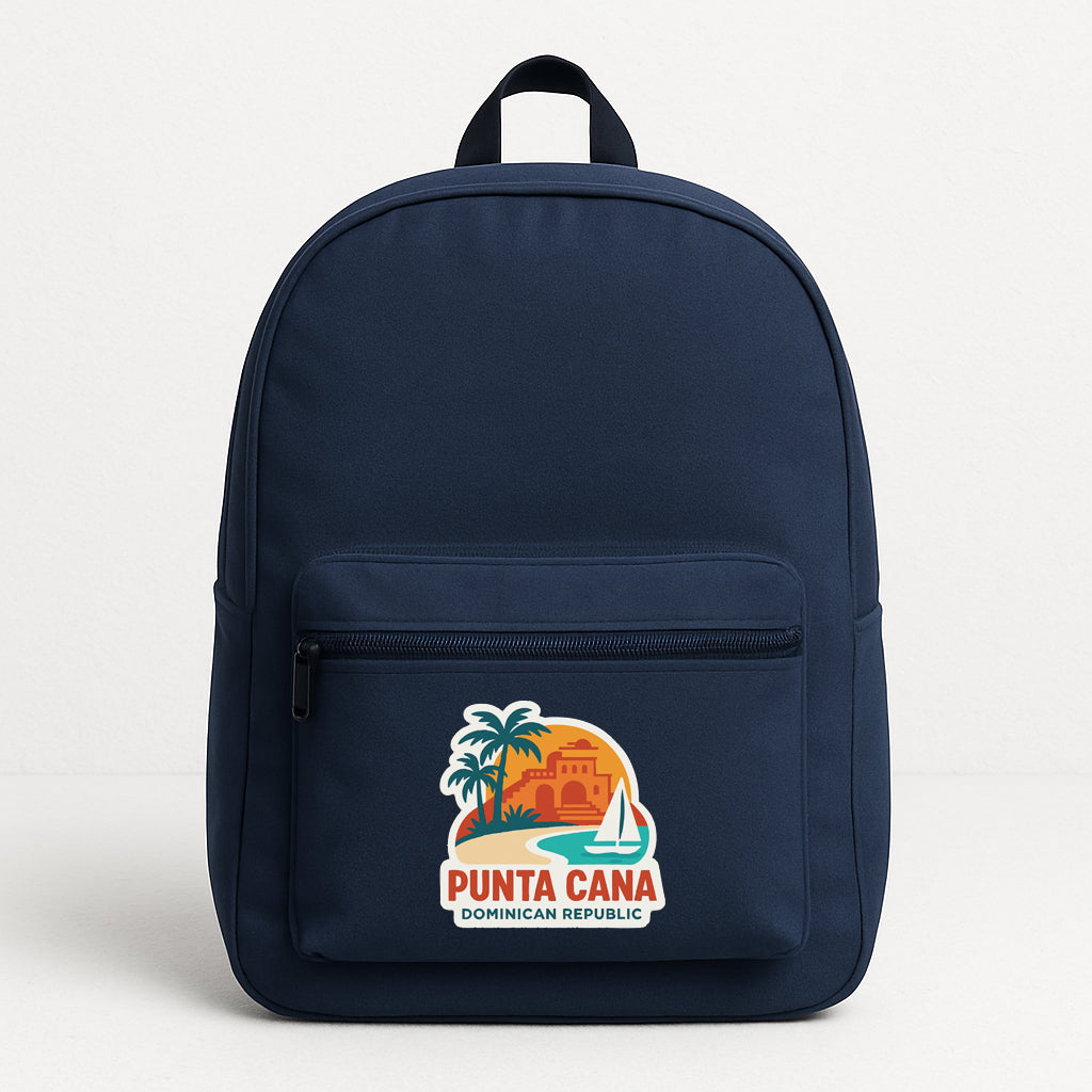 A navy blue backpack with a sticker on the front that says "PUENTA CANA DOMINICAN REPUBLIC".