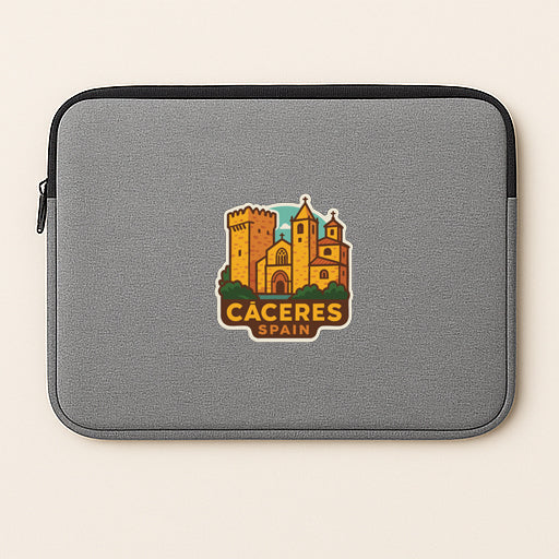 a gray laptop sleeve with a sticker depicting the city of Cagerces, Spain.