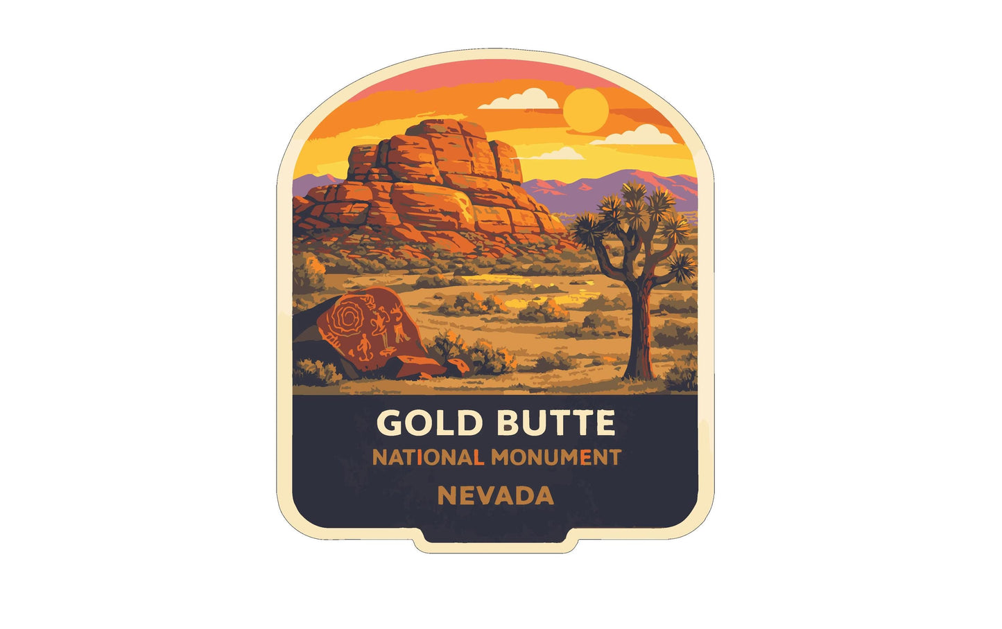 The image is a sticker or label for the Gold Butte National Monument in Nevada, featuring a desert landscape with a mountain, a tree, and a sunset.
