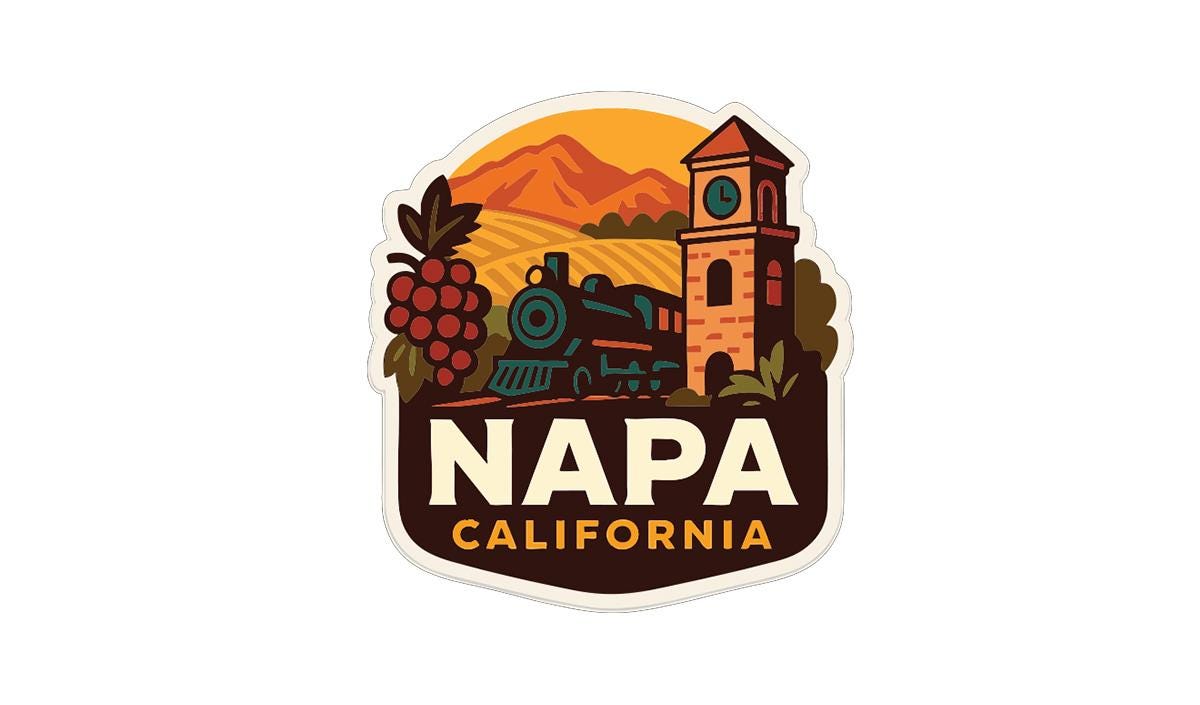 a vintage-style logo for Napa, California. The logo includes a train, grapes, and a clock tower, all set against a backdrop of mountains and a sunset.