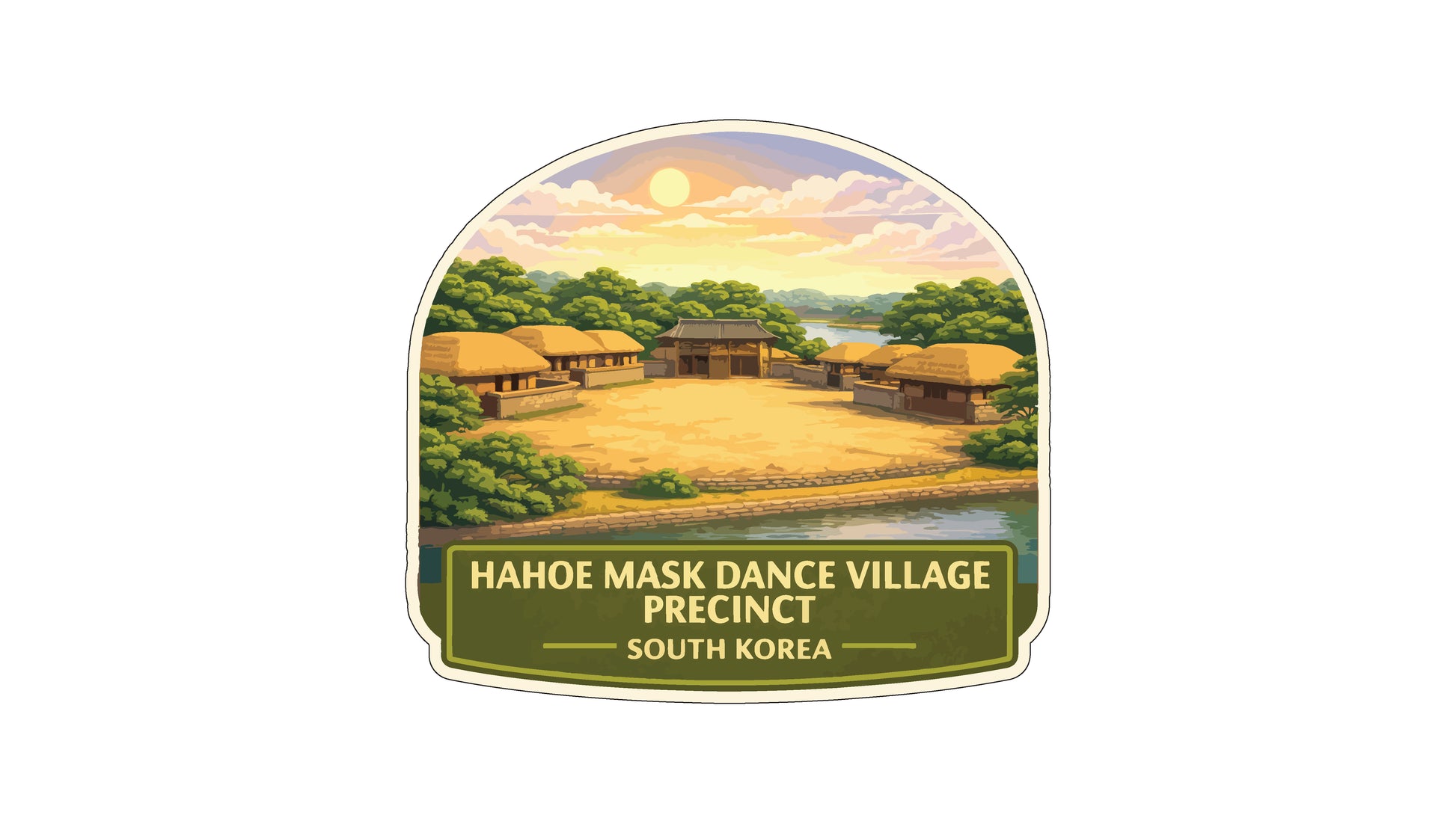 a village with traditional architecture, surrounded by lush greenery and a river.