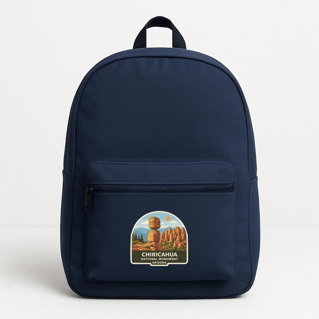 A navy blue backpack with a label that says "CHIRICAHUA ARIZONA" on the front pocket area.