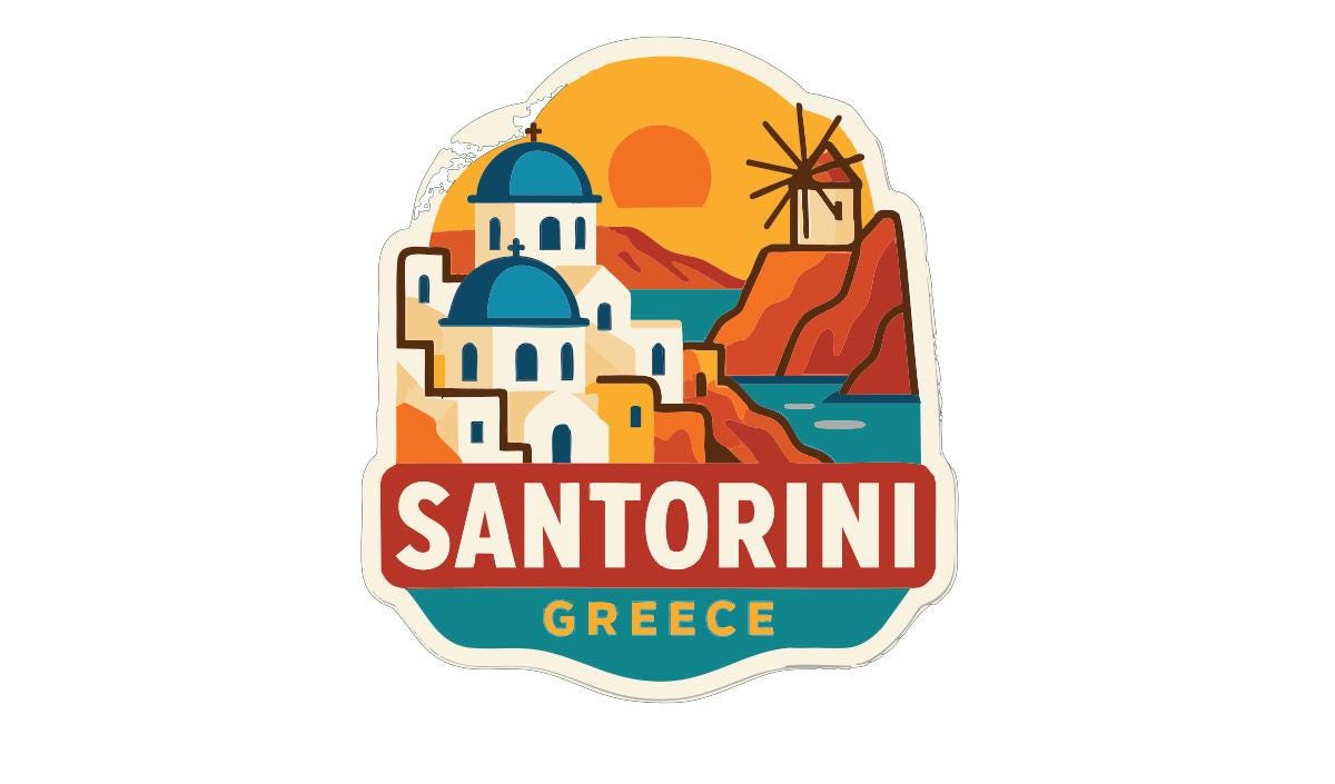 a sticker or emblem with a stylized illustration of Santorini, Greece. The background includes a sunset, a windmill, and the silhouette of a mountain. The text "SANTORINI GREECE" is prominently displayed in the center of the image.