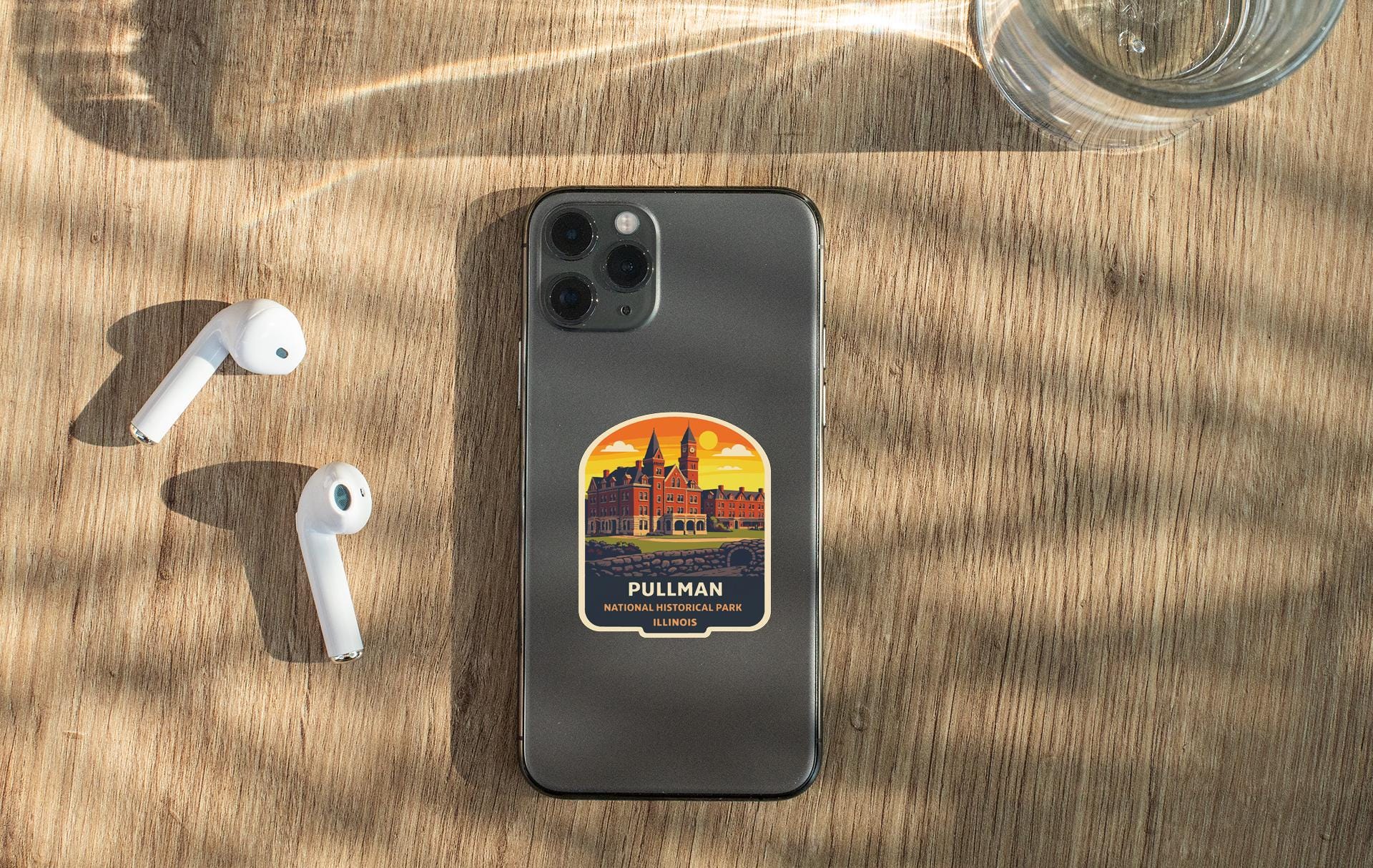 a smartphone with a sticker on the back, placed on a wooden surface alongside a pair of white earbuds and a glass of water.