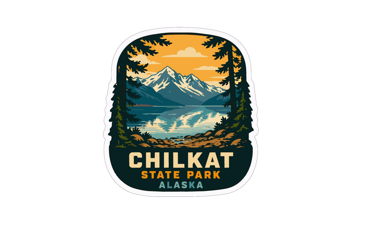 A sticker depicting a scenic landscape with mountains, pine trees, and a lake, with the text "CHILIKAT STATE PARK ALASKA" prominently displayed.