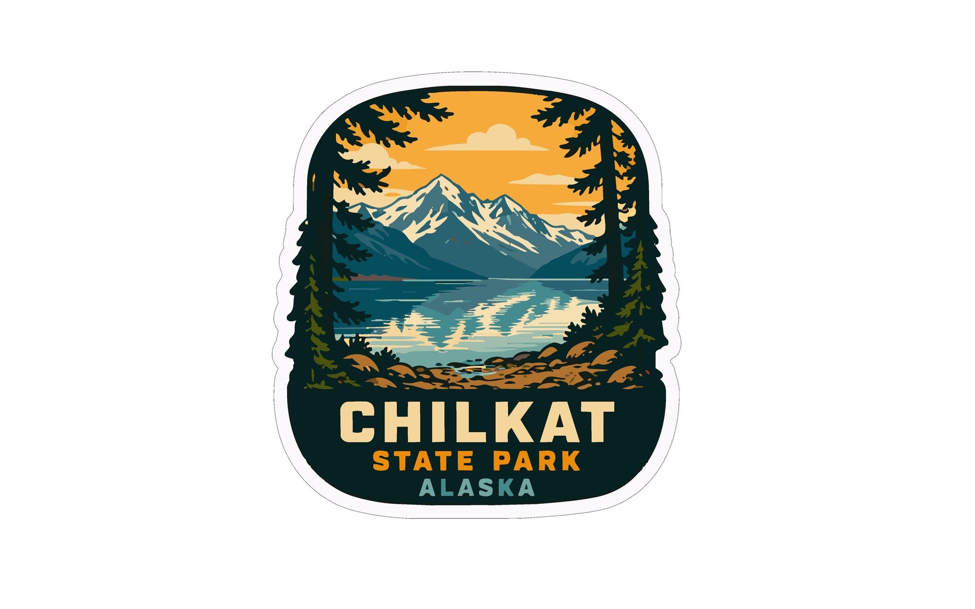 A sticker depicting a scenic landscape with mountains, pine trees, and a lake, with the text "CHILIKAT STATE PARK ALASKA" prominently displayed.