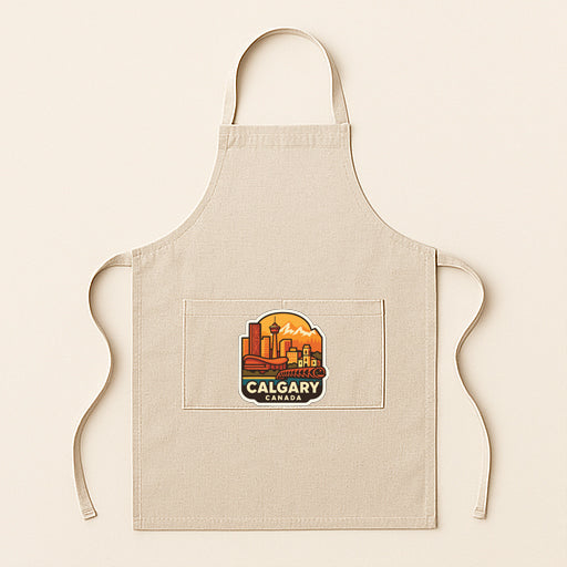 A beige apricot with a graphic of a city skyline and the text "Calgary, Alberta" printed on it.