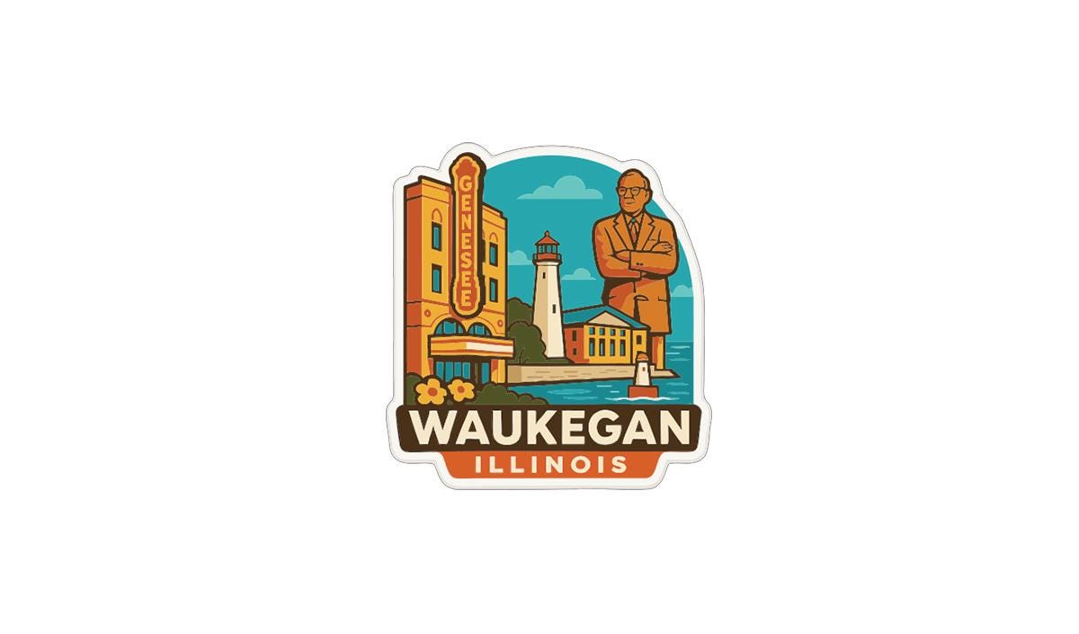 A sticker depicting a cityscape with a lighthouse, a theater, and a statue, along with the text "Waukegan Illinois".