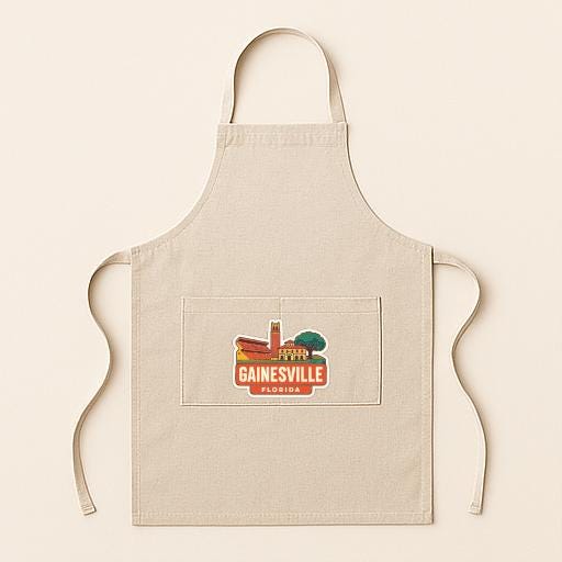 A beige apricot with a graphic of a building and the text "GAINESVILLE FLORIDA" printed on it.