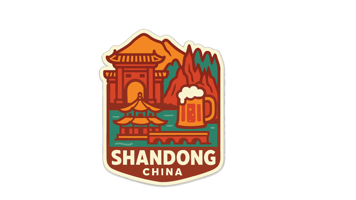 A sticker or emblem featuring a temple, mountains, and a beer mug, with the text "SHANDONG CHINA" prominently displayed.