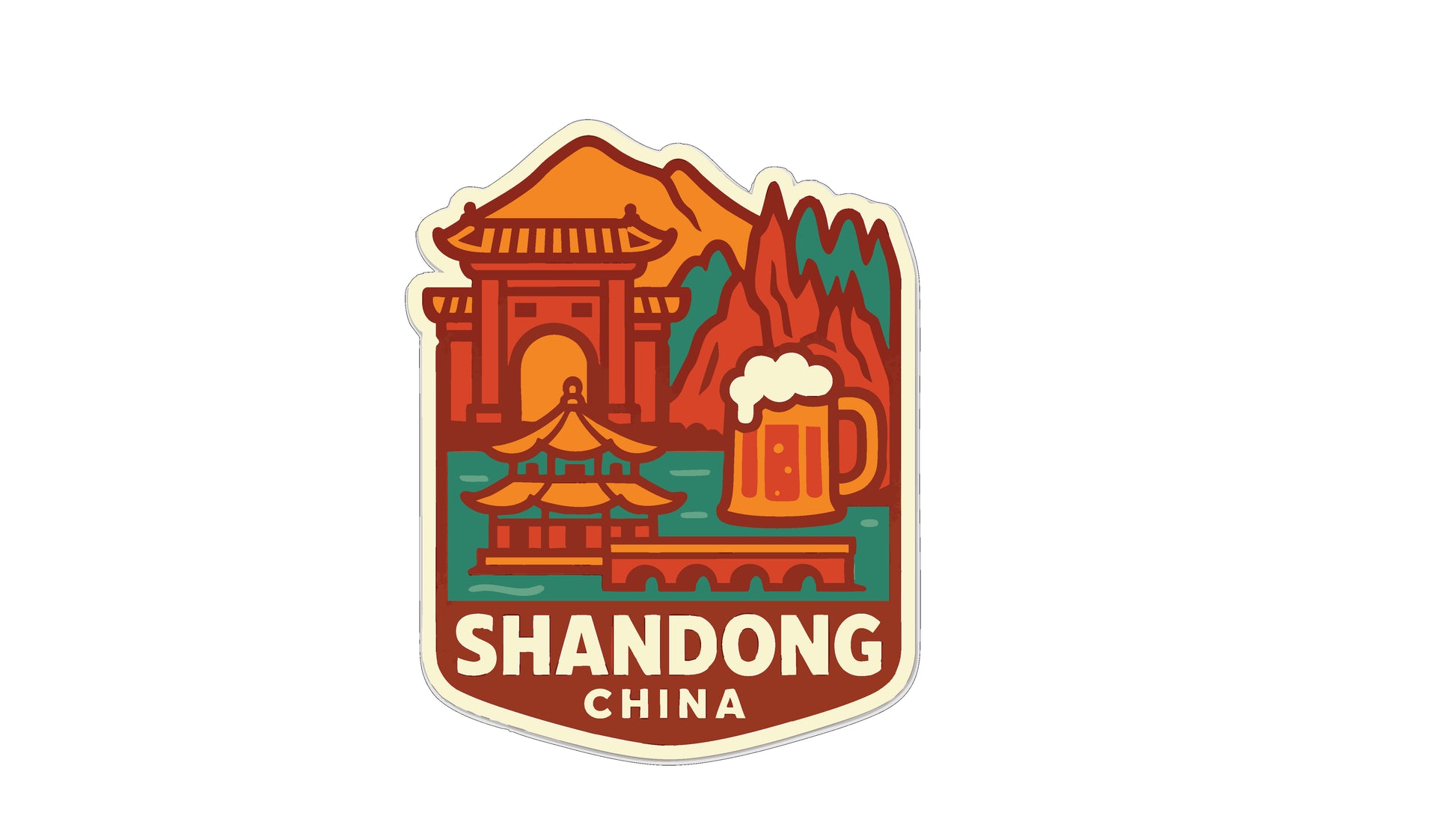A sticker or emblem featuring a temple, mountains, and a beer mug, with the text "SHANDONG CHINA" prominently displayed.