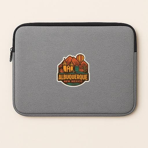 a gray laptop sleeve with a colorful graphic of a cityscape and a hot air balloon, along with the text "ALBUQUERQUE NEW MEXICO".