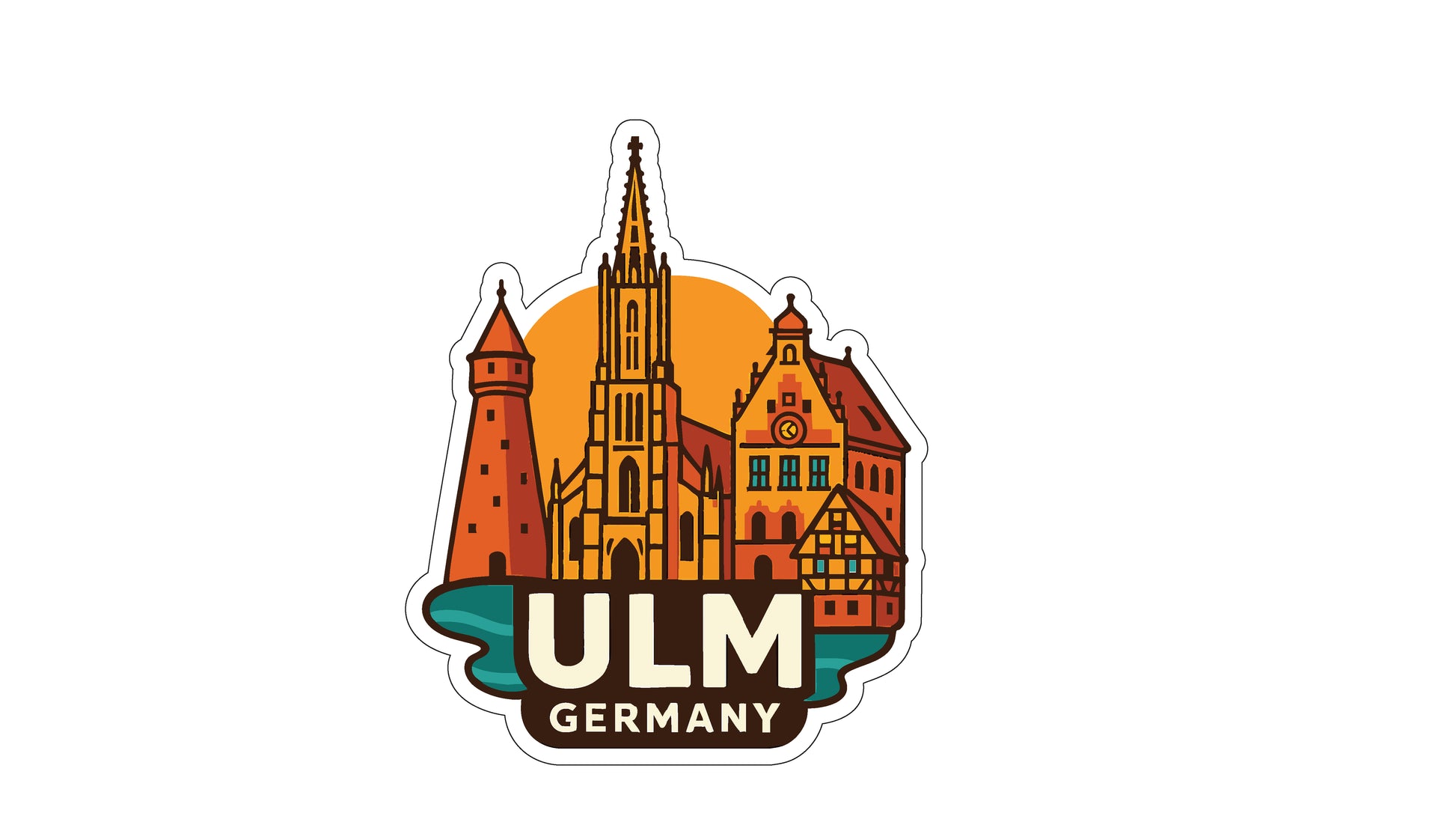 A sticker or emblem featuring the skyline of Ulm, Germany, with various buildings and landmarks depicted in a stylized manner.