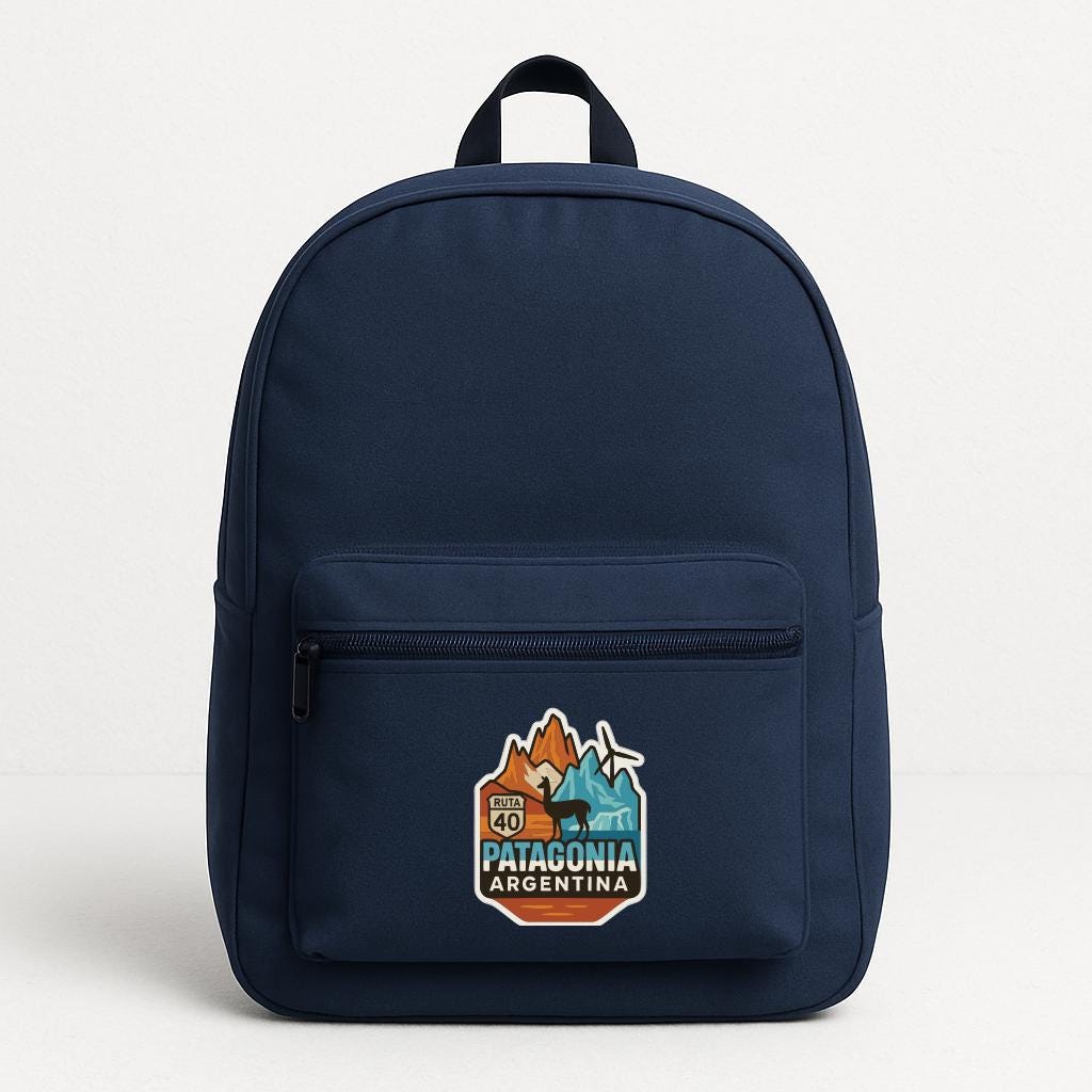 A navy blue backpack with a graphic of Patagonia Argentina on the front pocket.