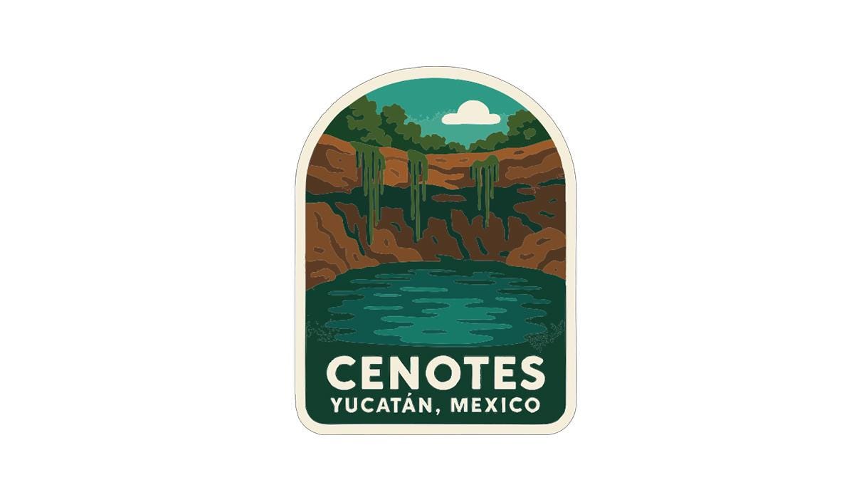 a sticker or label with a scenic landscape depicting a lake surrounded by mountains and lush vegetation.
