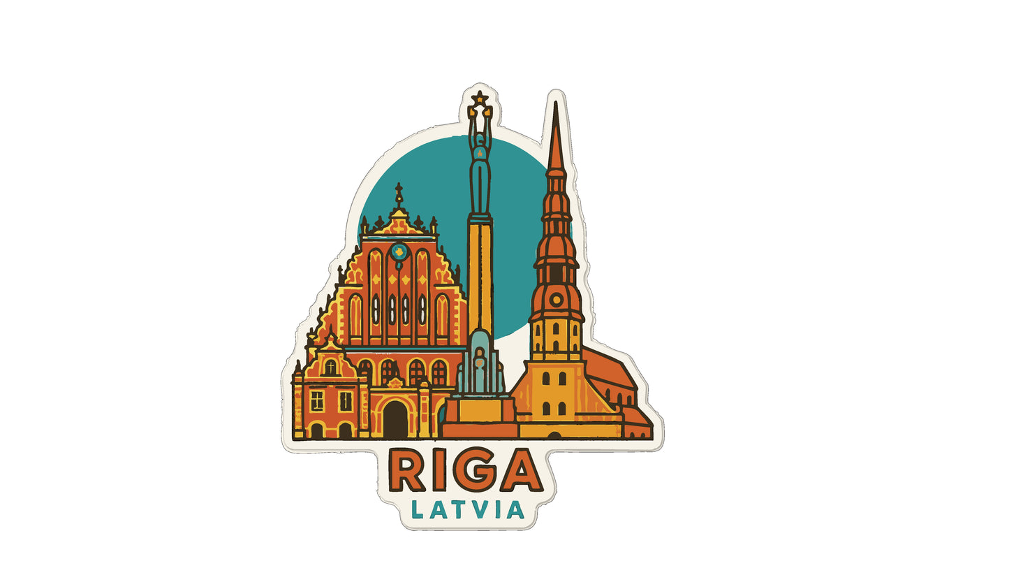 A sticker depicting the Riga Cathedral and St. Stephen's Basilica in Riga, Latvia.