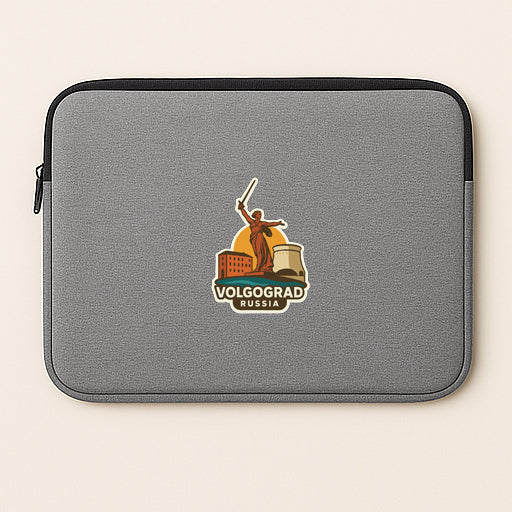 a gray laptop sleeve with a logo of Volgograd Russia.