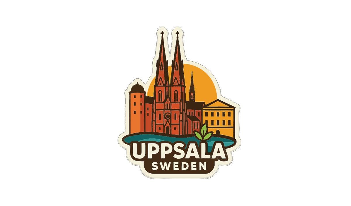 A sticker or emblem featuring the Uppsala, Sweden, with a stylized illustration of the city's landmarks and a sun-like symbol.