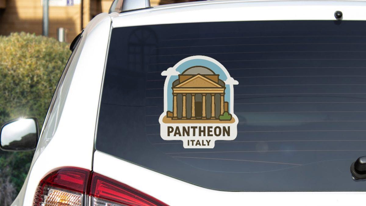 A sticker on the rear window of a car that says "Pantheon Italy".