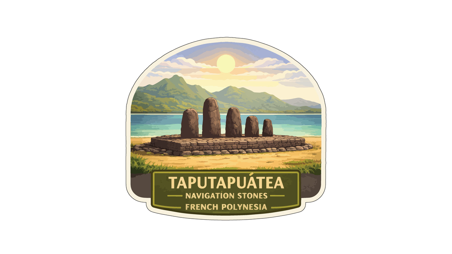 a sticker or label with a scenic landscape and a group of stone structures, likely representing the Taputapuatea Navigation Stones in French Polynesia.