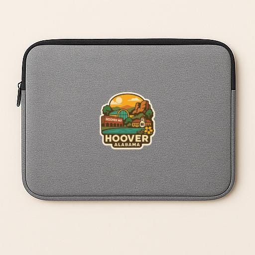 A gray laptop sleeve with a graphic design depicting a scenic view of Hooper Mountain in Alabama.