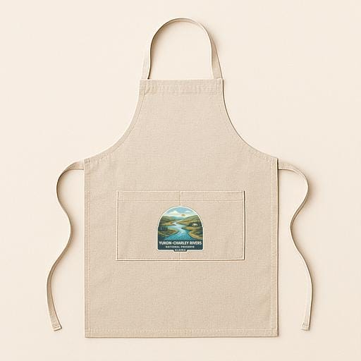 A beige apricot with a small graphic of a river and a landscape on the front pocket.
