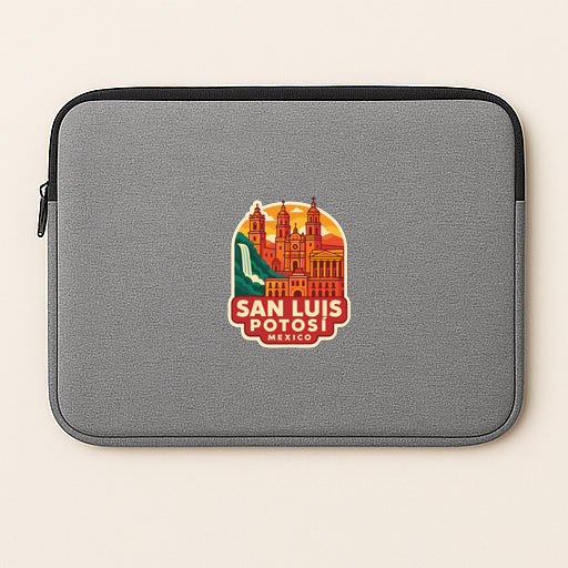A gray laptop sleeve with a colorful sticker depicting the San Luis Potosi, Mexico, featuring a castle and a waterfall.