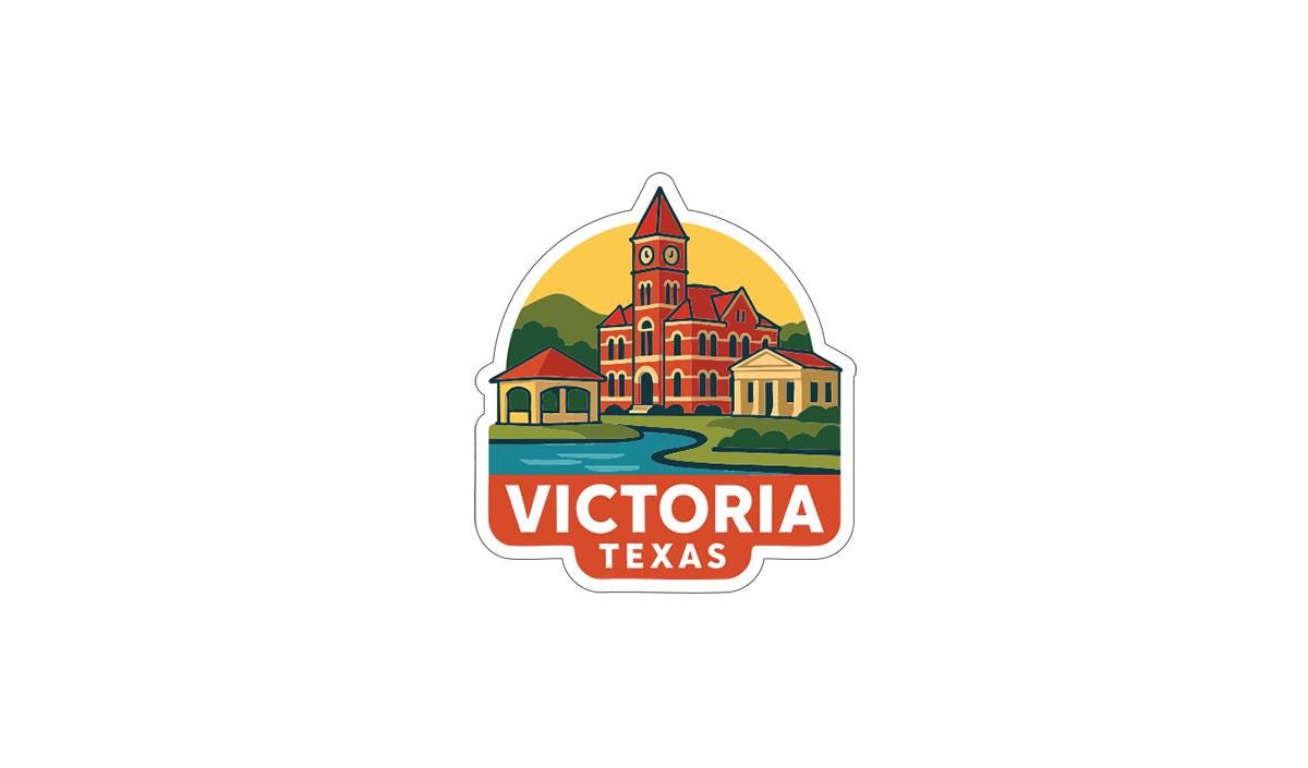 a stylized illustration of a building with a clock tower, surrounded by a river and other buildings, representing the city of Victoria, Texas.