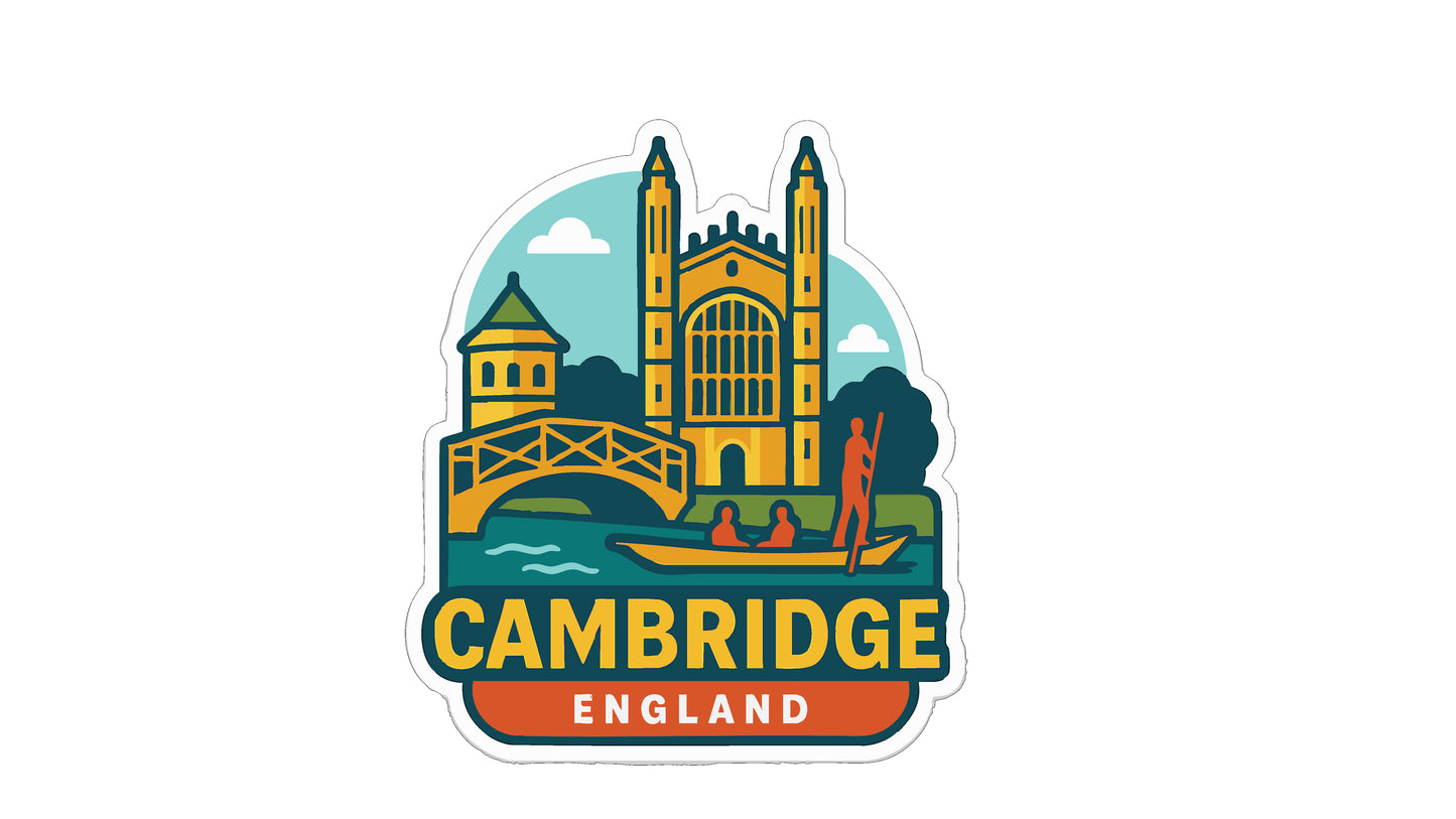 A sticker depicting the iconic architecture and landscape of Cambridge, England.