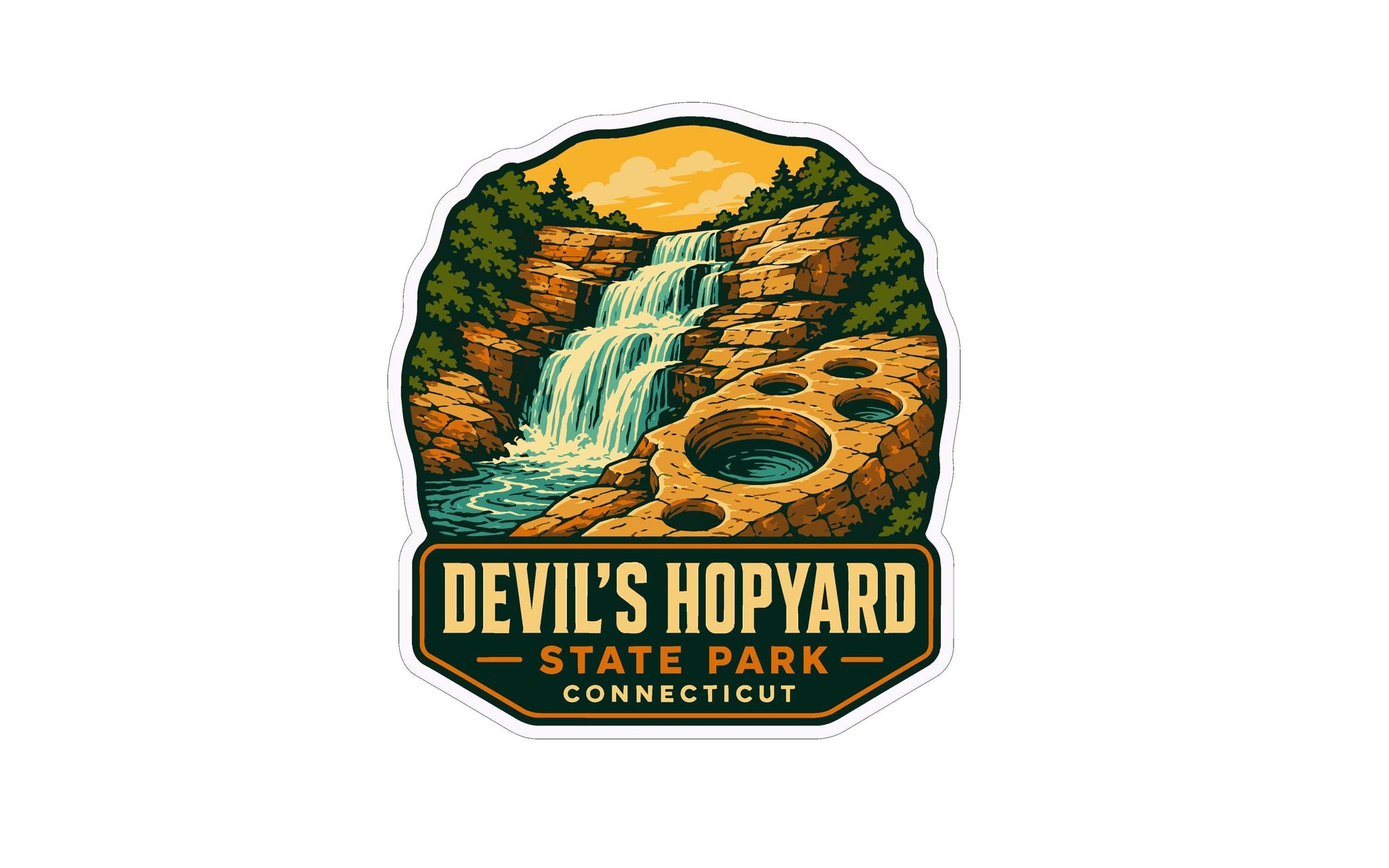 A sticker depicting a waterfall surrounded by trees and rocks, with the text "Devil's Hopyard State Park Connecticut" below it.