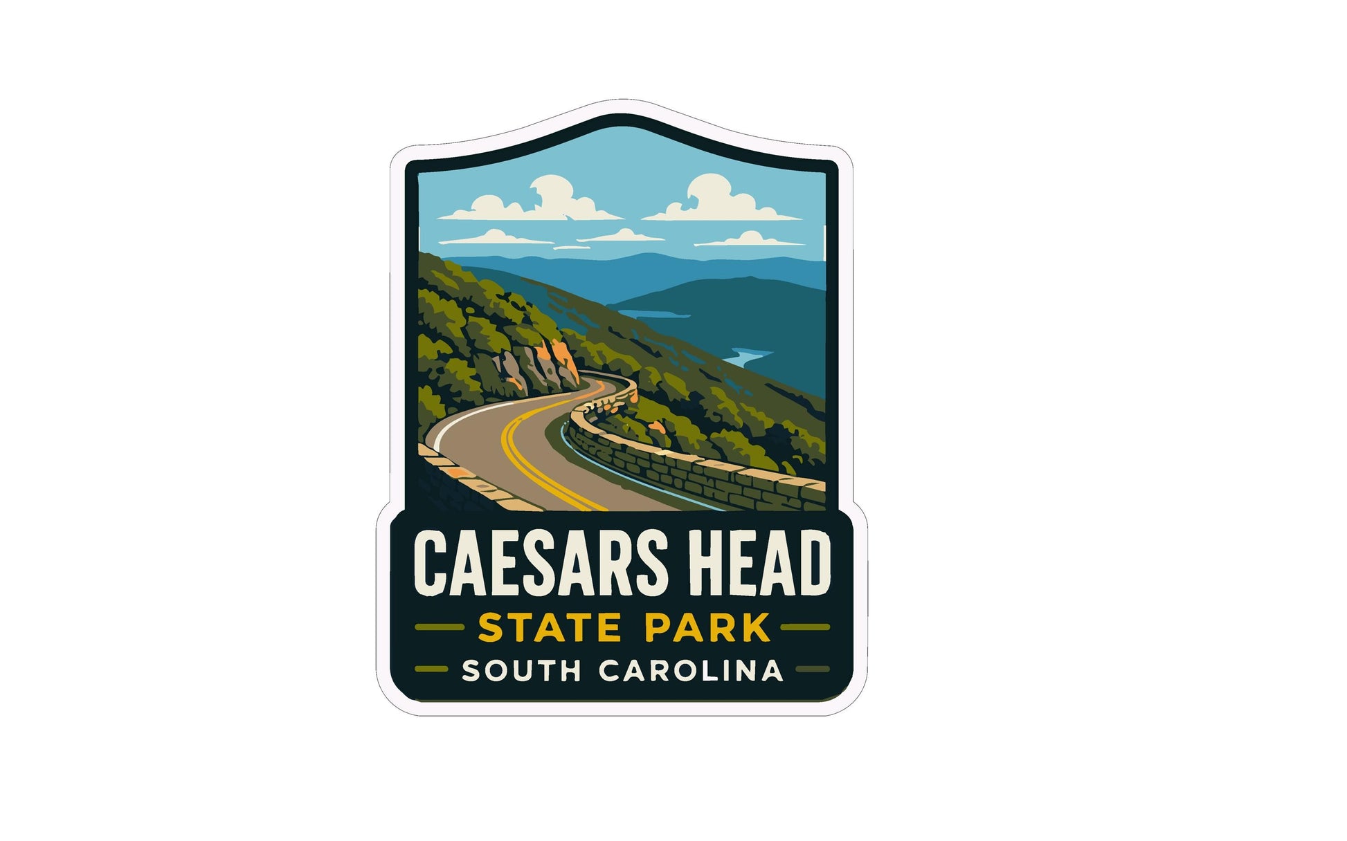 The image is a sticker or emblem featuring a winding road leading through a mountainous landscape with a blue sky and clouds.