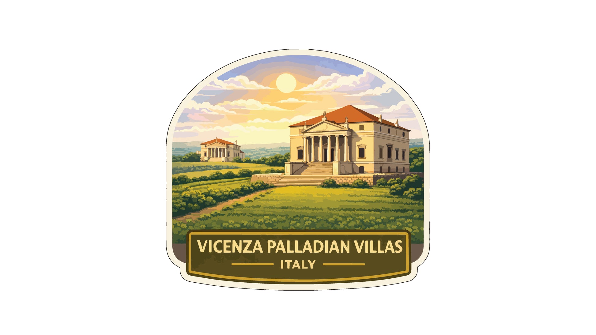 a large, white villa with a red roof, surrounded by a lush green lawn and a picturesque landscape with rolling hills and a clear blue sky.